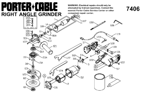 Default Diagram and Parts List for PC7406 Type 1 Porter Cable Grinder
